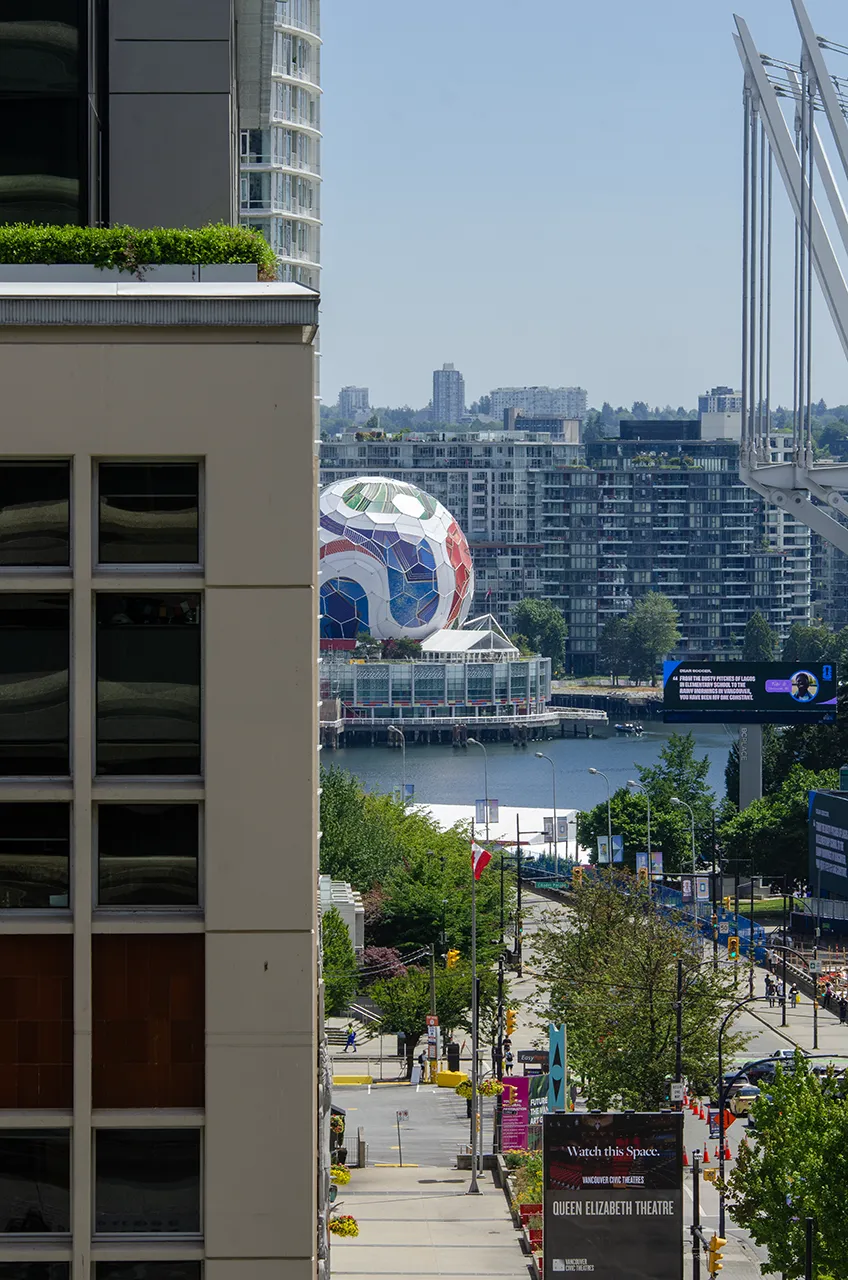 view of the Science World FIFA Soccer Ball Dome from Bay Dental offices